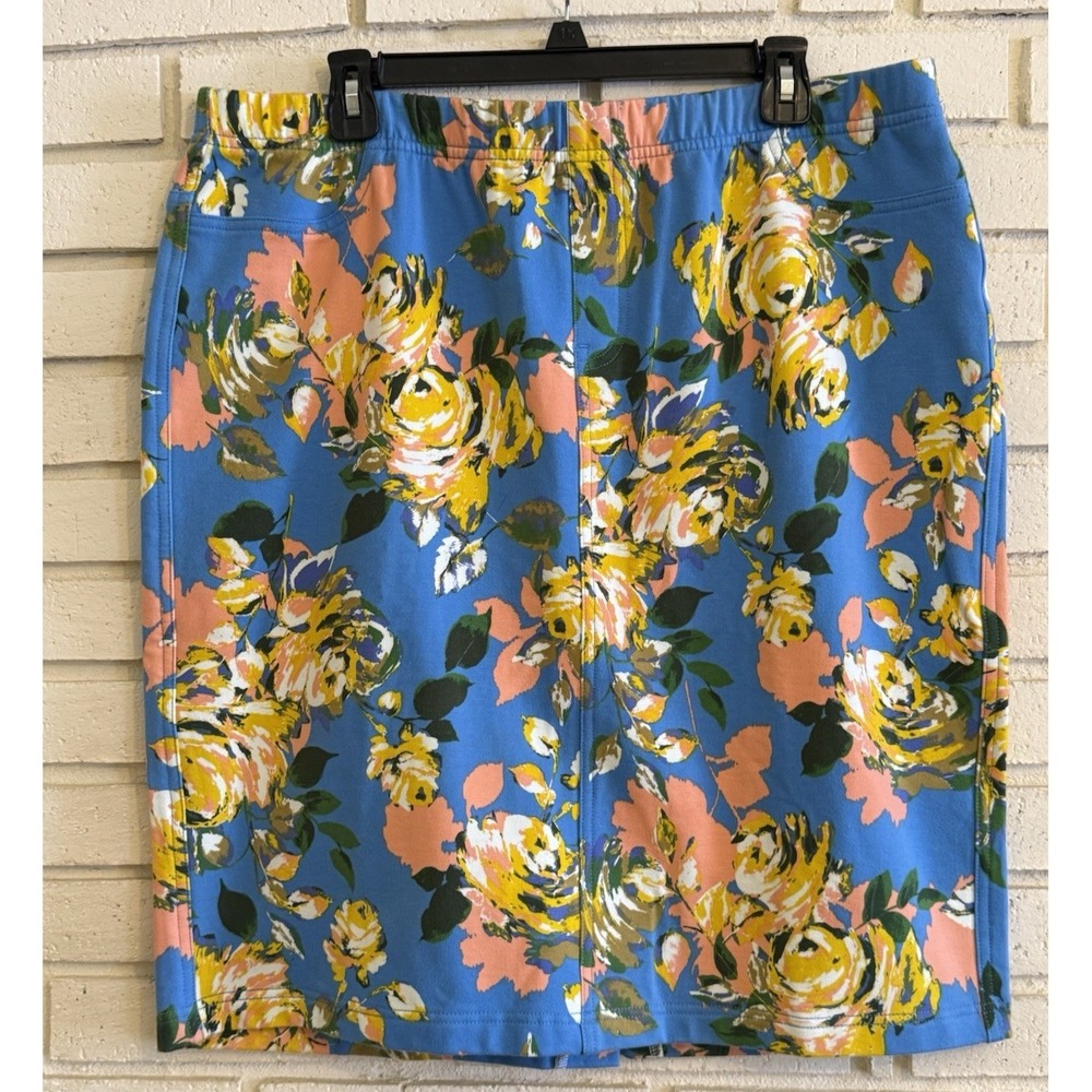 Isaac Mizrahi Live Size 18W Pull on Cotton/Spandex Knit Skirt Blue Spring Floral